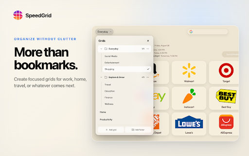 SpeedGrid New Tab :: Open an instant, locally rendered SpeedGrid on every new tab and save pages directly to your grids.