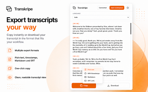 Transkripe: YouTube Transcript Tool :: Show the transcript of the current YouTube video and open it in Transkripe.