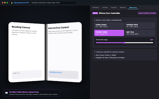 iPhone Duo DevTools Simulator :: Simulates iPhone Duo fold postures, crease guides, pixel density, and WebMCP agent tools.