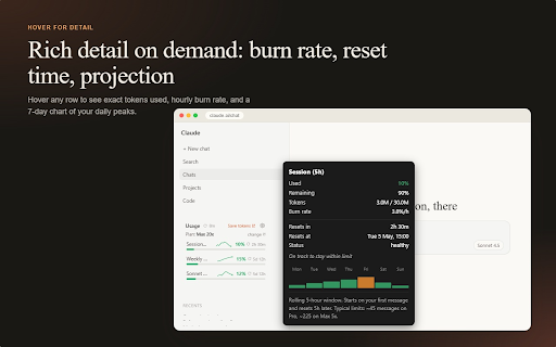 Claude Token Tracker :: Live Claude.ai quota in your sidebar. Session, Weekly, Sonnet and burn rate. No API key. Free, private, no signup.
