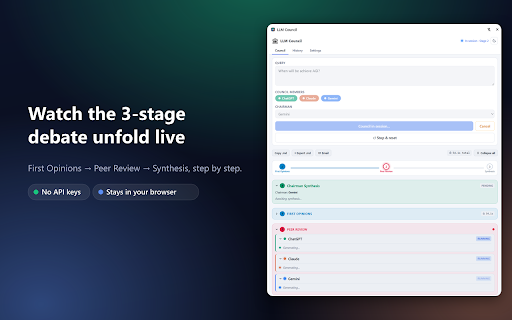 No API LLM Council :: Runs a 3-stage council debate across ChatGPT, Claude, and Gemini by driving their web UIs. No API keys, no background calls.