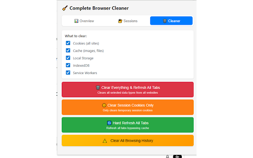 Complete Browser Cleaner – One-Click Cache, Cookies & History Cleanup :: A secure browser extension for cleaning Browser completely