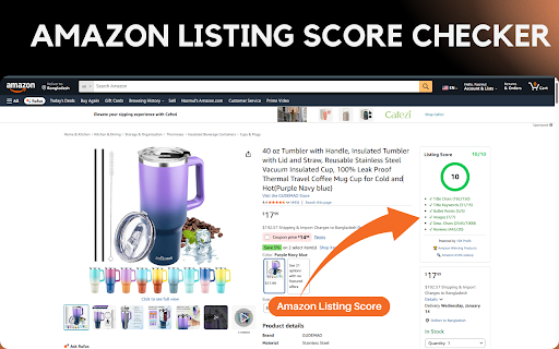 Amazon Listing Score Checker :: Rate Amazon listings out of 10 based on title, bullet points, and images using a colorful circular progress bar.