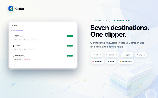 Kliplet — Multi-Target Web Clipper :: Clip pages and selections with templates. Resolved-path Obsidian text gets up to 4 local automatic attempts. One target is free.