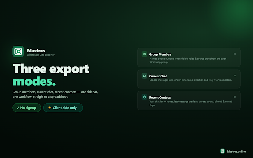 Mastros — WhatsApp Members, Chats, Contacts Download :: Scrape and export WhatsApp Web group members, recent contacts, and messages from chats you can access.