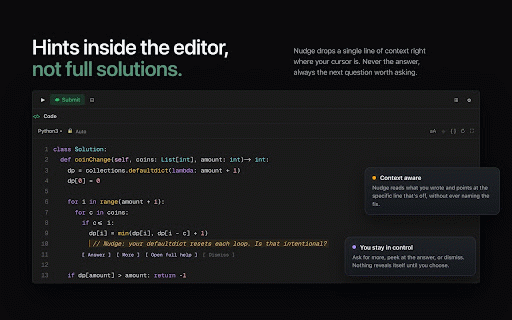 Nudge: LeetCode AI Interview Tutor :: AI-powered LeetCode tutor: adaptive hints, approach feedback, and interview coaching — built right into your editor.
