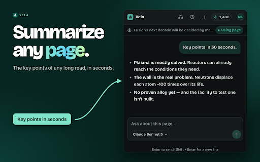 Vela AI Sidebar: GPT, Claude, Gemini, DeepSeek :: Your AI assistant in the Chrome sidebar. Chat, write, summarize pages and PDFs, translate and listen, on any tab.