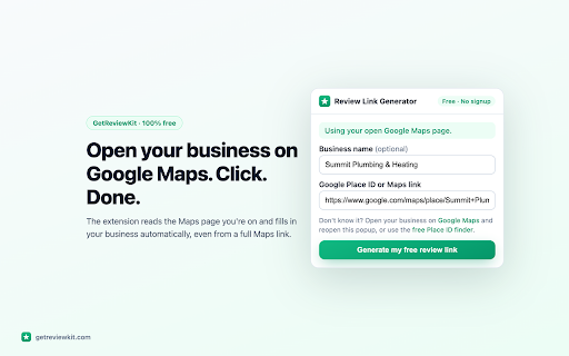 Google Review Link & QR Code Generator - GetReviewKit :: Create a one-tap Google review link and printable QR code for any business in seconds. Free, no signup. By GetReviewKit.