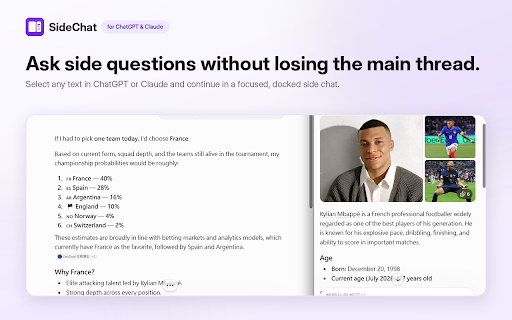 SideChat – Side Conversations for ChatGPT & Claude :: Select any text and open a docked side chat next to your main Claude or ChatGPT conversation