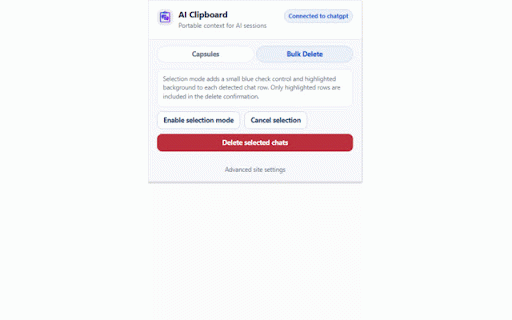 AI Clipboard :: Save, package, and transfer AI chat context locally with Markdown capsules, attachments, exports, and safer bulk delete.