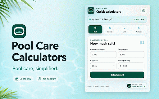 Pool Care Calculators :: Fast, private pool salt, chlorine, pH, and volume calculations.