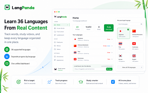 LangPanda :: Learn languages by watching content. Dictionary popup, word highlighting, and sentence mining to PandaMemory or Anki.