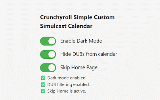 Crunchyroll Simple Custom Simulcast Calendar :: Add dark mode, hide DUBs from Crunchyroll's simulcast calendar and redirect home to calendar.