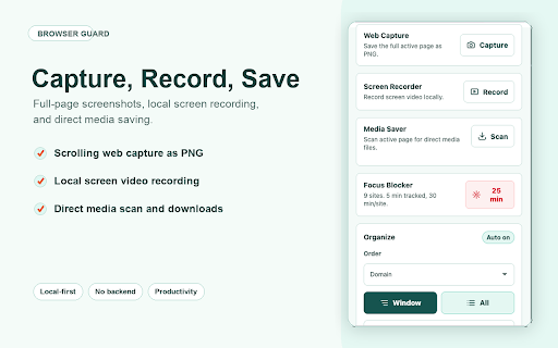 Browser Guard :: Tab cleanup, clean search, web capture, local screen recording, dark mode, media saving, audio boost, and focus blocking for Chrome.