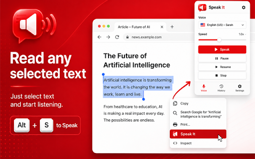 Speak It :: Speak It – Text to Speech to read aloud selected text on any website.