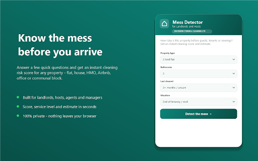 Mess Detector for Landlords - Emma Cleaning LTD :: Score any property's cleaning risk in seconds and get an instant estimate from Emergency Emma Cleaning LTD.