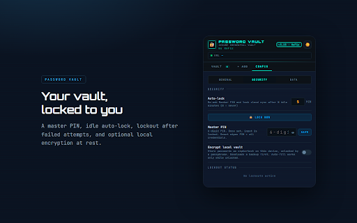Password Vault :: Password manager for developers. Save, find and auto-fill logins by URL. Optional end-to-end encrypted cross-device sync.
