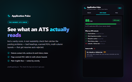 Application Pulse — Resume Matcher :: Score your resume against any job posting and see the exact keywords you're missing — privately, on your own device.