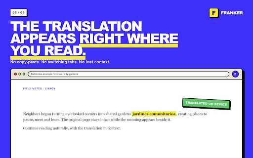 Franker Translator :: Translate selected text inline, on-device or with your Google Cloud API key.