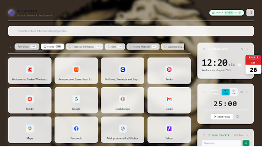 AetherTab - Speed Dial Launchpad :: Private, luminous speed dial with backlit card glow, custom categories, focus timer, clock/calendar, tasks & notes.