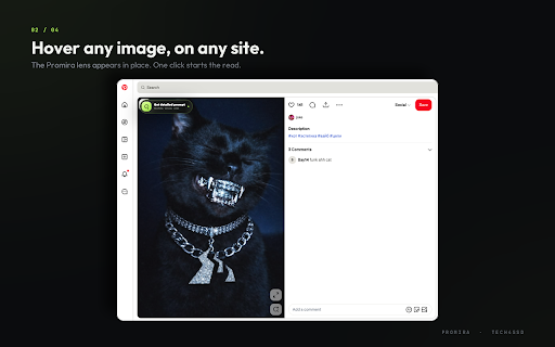 Promira by TECH4SSD :: Select any web image and read a forensic, generator-ready prompt beside it with a verified TECH4SSD account.