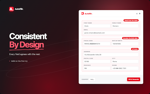 Autofillr — Fill Test Forms With Consistent Data :: Fill test forms in one click with random data that stays consistent: name, email, national ID, address and phone all agree.