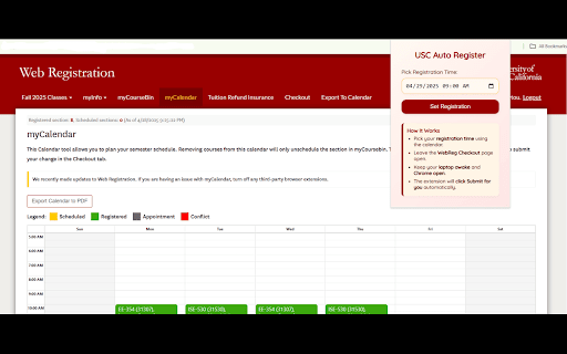 USC Auto Register :: Automatically navigate to Checkout, auto-refresh to stay active, and click Submit at your USC WebReg registration time.