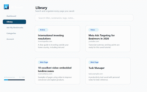 AI Recall :: Save useful pages to AI Recall and ask your bookmarks from the browser.