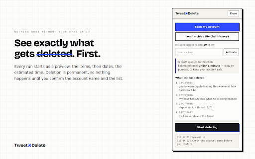 TweetXDelete — Bulk Delete Posts, Likes & Reposts on X :: Bulk-delete old X posts, likes and reposts in your own browser. No password, no account linking, no data leaves your device.