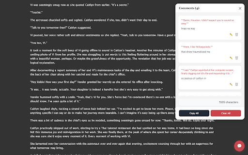 AO3 Inline Comment Companion :: Highlight and save your favorite lines, make commenting easy on AO3. Wattpad style inline commenting as you read.