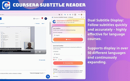 Coursera Subtitle Reader - AI Boost :: Boost Coursera learning with subtitles in many languages, live voice-over, and custom speed (0.75x-3.0x). Ideal for global students!