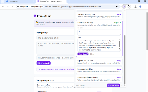 PromptFort: AI Prompt Manager :: Save, organize and reuse your best AI prompts — search, fill in variables, copy in one click. No tracking, works with every AI.