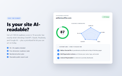 Crawl Readiness — ChatGPT & AI SEO Checker for Any Site :: Check if ChatGPT, Claude, Perplexity & 50+ AI crawlers can read any website. Free, no signup — instant AI SEO score.