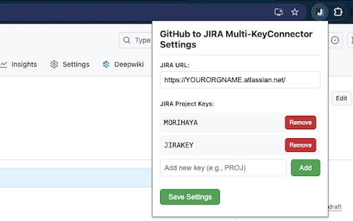 GitHub to JIRA Multi-KeyConnector :: Converts JIRA issue codes into clickable links on GitHub for direct JIRA access. Supports multiple project keys.