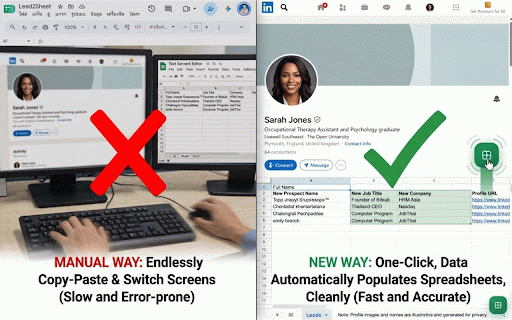 LeadToSheet - LinkedIn to Google Sheets Lead Exporter :: 1-click export of B2B leads and contact details from LinkedIn profiles into your Google Sheet. Fast and lightweight.