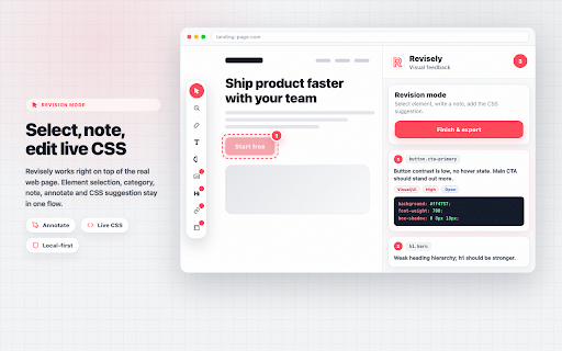 Revisely: Visual Feedback to AI Fixes :: Turn website feedback into AI-ready fixes. Annotate, edit CSS, export prompts and GitHub/Jira tickets for Cursor & Claude.