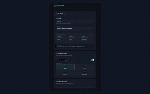 AuditSnap :: Compliance-focused screenshot tool with UTC timestamps and intelligent file naming for audit evidence collection.