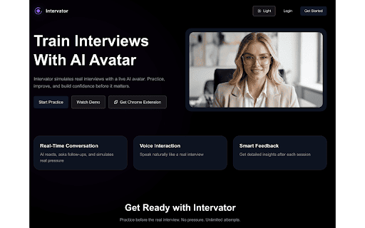 Intervator — AI Interview Practice :: Capture the job posting on the page you are viewing and start a tailored AI interview practice on intervator.ai with one click.