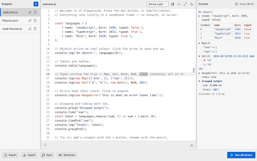 Offline JS Playground :: A simple playground to write, run, and test JavaScript snippets, with an in-UI console.
