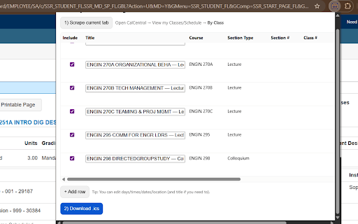 CalCentral Classes → Calendar (.ics) — Unofficial :: Turn your CalCentral “By Class” page into a clean, recurring .ics for Google Calendar.
Unofficial tool. Runs locally in your…