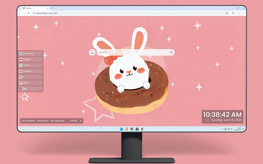 Cute Rabbit Kawaii Food Live Wallpaper :: Adorable white bunny with red bow sitting on chocolate donut with stars on pink background.
