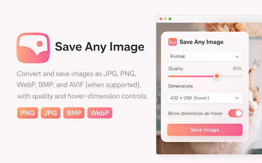 Save Image in Any Format - Convert and Save :: Convert and save images as JPG, PNG, WebP, BMP, and AVIF (when supported), with quality and hover-dimension controls.
