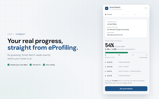 Smart Batch - eProfiling Card Filler :: Auto-fill missing eProfiling cards with optimal work areas to get your apprenticeship core units to 100%.