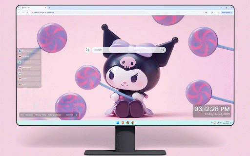 Kuromi Candy Live Wallpaper :: Adorable Kuromi with devil horns and bow holding candy wand surrounded by swirling lollipops.