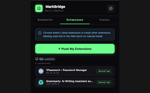 MarkBridge – Multi-Profile Sync :: Sync your bookmarks and extensions across all Chromium-based browsers via GitHub Gist or Google Drive.