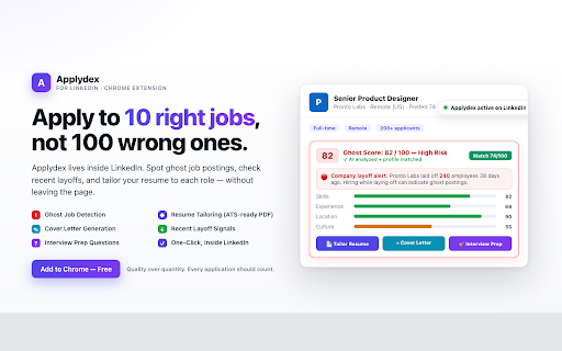 Applydex — Your Top 10 Job Matches, Resume Tailor, Detect Ghost Jobs :: Your daily Top 10 personalized LinkedIn job matches, one-click AI resume tailoring, and a Ghost Score on every posting.