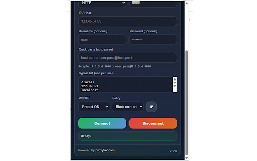 PROXYFAIR Proxy Switcher :: Switch HTTP/HTTPS/SOCKS proxies, manage profiles, and reduce WebRTC leaks — branded for PROXYFAIR.