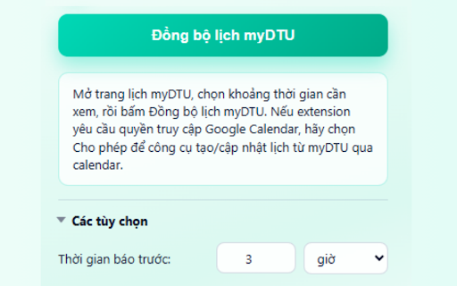 myDTU Calendar Sync Plus :: Đồng bộ lịch myDTU sang Google Calendar với tùy chọn nhắc lịch và chống trùng sự kiện.