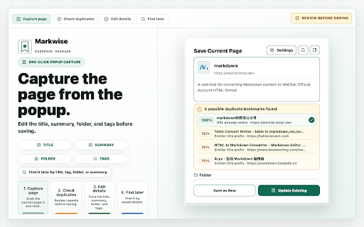 Markwise :: Local-first bookmark saving, duplicate checks, and search.