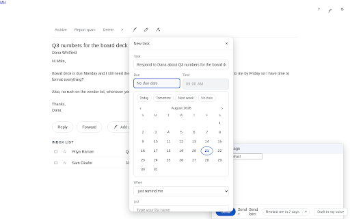 QuillReply for Gmail :: Turn any email into a reminder with the right due date, and draft replies in your own voice. Buttons live inside Gmail.